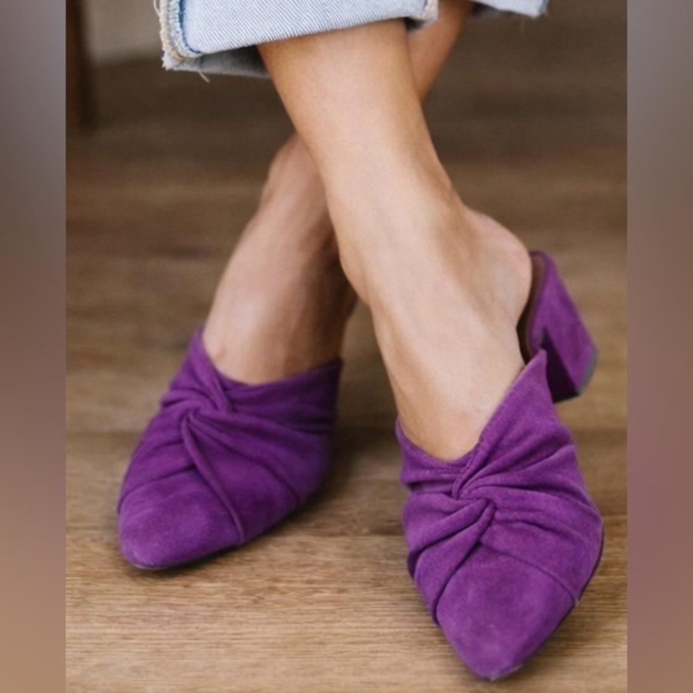 Splendid Lanis Suede Mule Dark Plum Purple Knot Pointed Toe Block Heel Slide